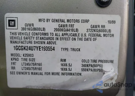 2000 Chevrolet Silverado 2500 Ls from USA, damaged, VIN 1GCGK24U7YE193554